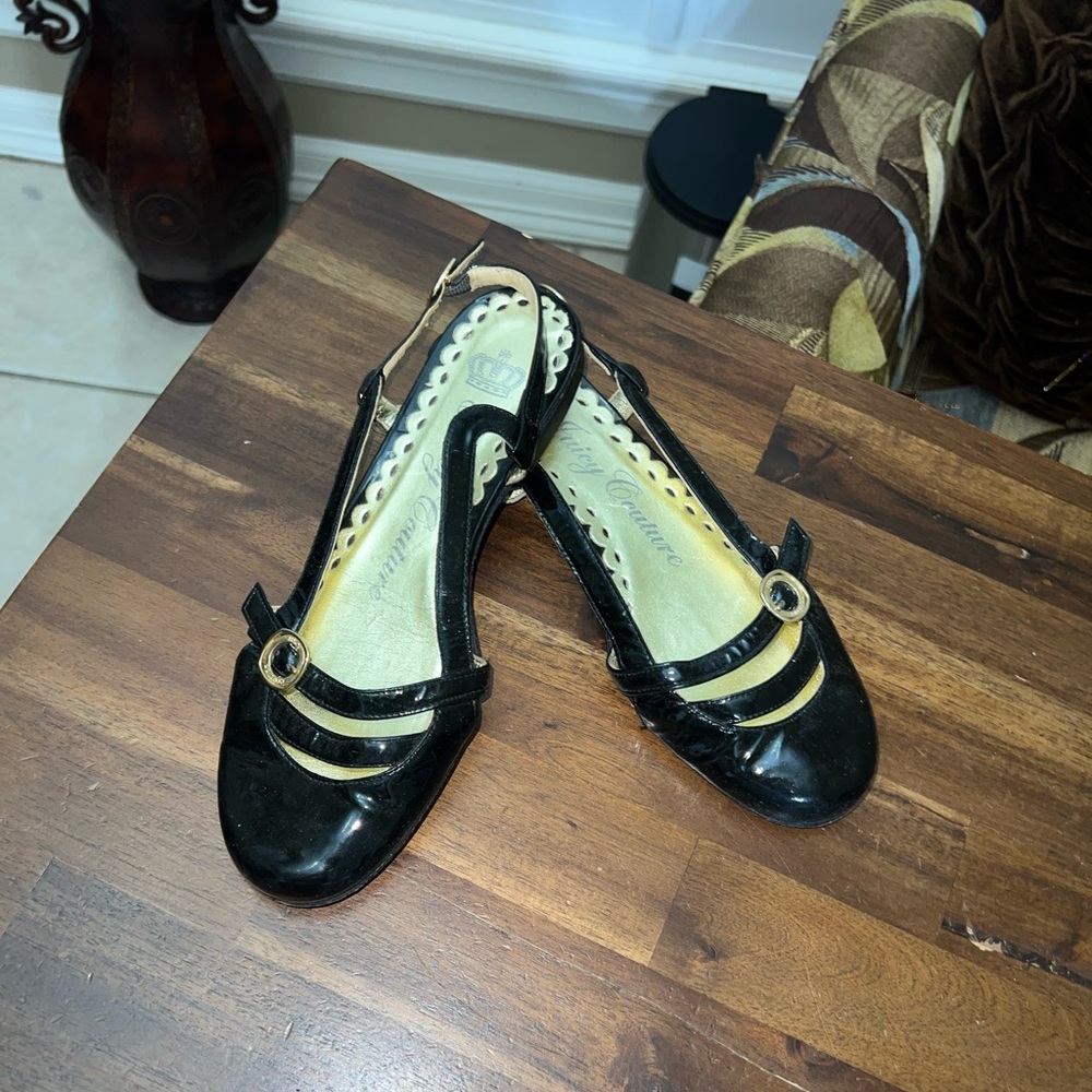 Vintage JUICY COUTURE Patent Black Flats adjustable strap shoes Mary Jane Y2K